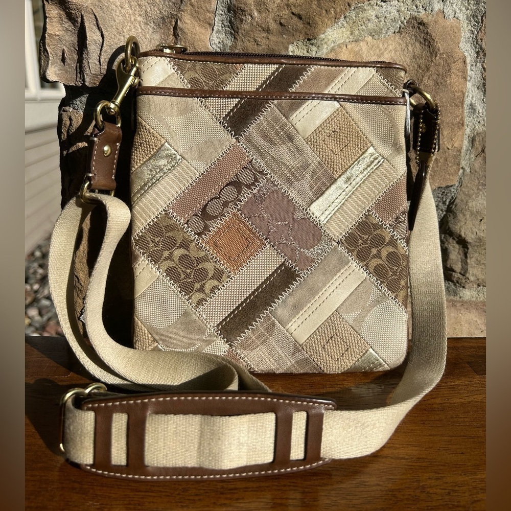 Coach Patchwork Khaki Brown Denim Swingpack Crossbody 41705 Y2K - Picture 16 of 16